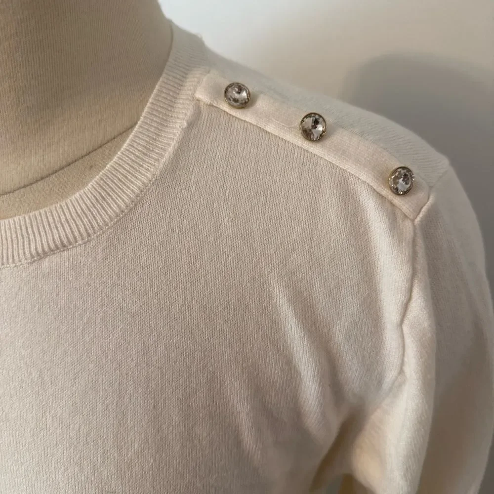 J. Crew Ivory Cotton Ruffle Rhinestone Sweater Size Large
